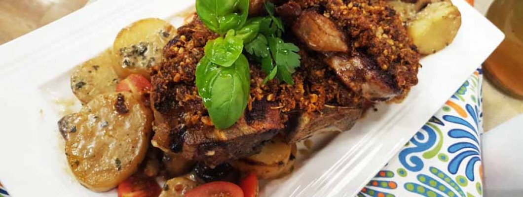 Receta Bifes T-bone al pesto de tomates con salteado de papas y setas