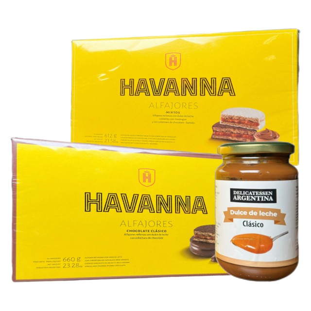 Caja de Alfajores Chocolate Havanna Docena + Caja de Alfajores Mixtos Havanna Docena + Dulce De Leche de Regalo