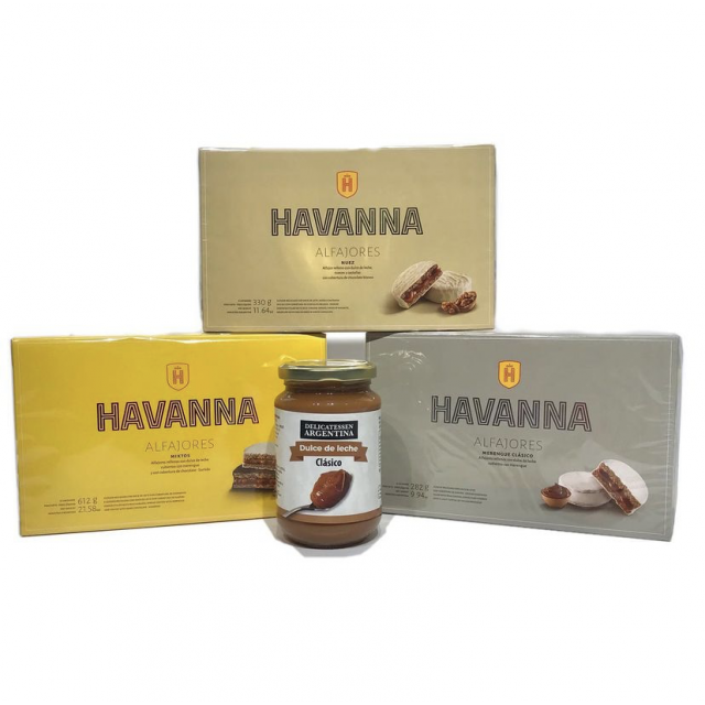 Caja de Alfajores Mixtos Havanna Docena + Caja de Alfajores de Merengue por 6u + Caja de Alfajores de Nuez por 6u + Dulce De Leche de Regalo