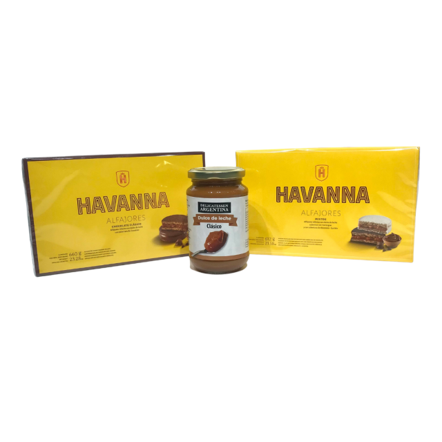 Caja de Alfajores Chocolate Havanna Docena + Caja de Alfajores Mixtos Havanna Docena + Dulce De Leche de Regalo