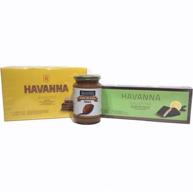 Caja de Alfajores Mixtos Havanna Docena + Caja de Galletitas de Limón y Chocolate de 18 unidades + Dulce De Leche de Regalo