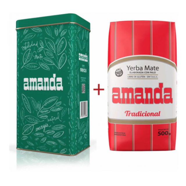 Lata Yerbera Amanda Color Verde + 500 gramos de  Yerba Amanda Tradicional