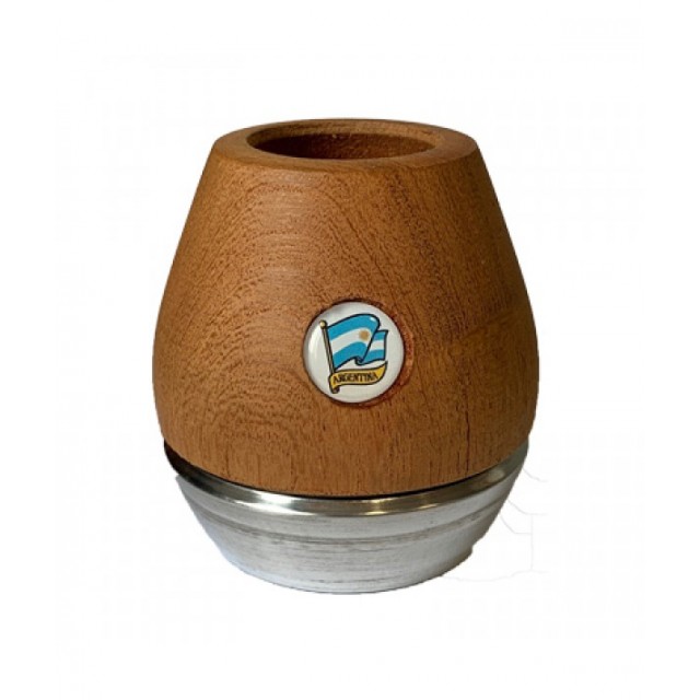 Mate de Madera Lustrado Base Metalica con Bandera de Argentina