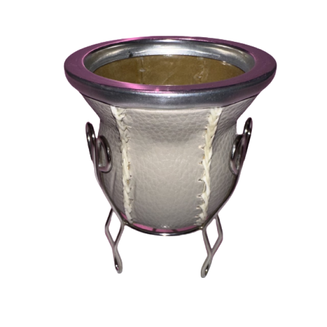 Mate de Vidrio en Símil Cuero Blanco con Posapié Mate de Vidrio en Símil Cuero Blanco con Posapié