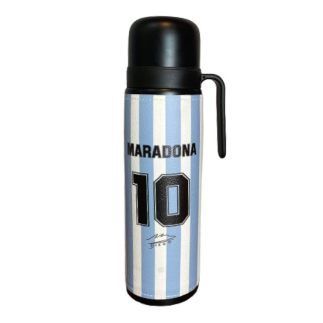 Termo Metalico Inoxidable 1 Litro con Pico Vertedor y Mango Negro Bandera Argentina con nombre Maradona