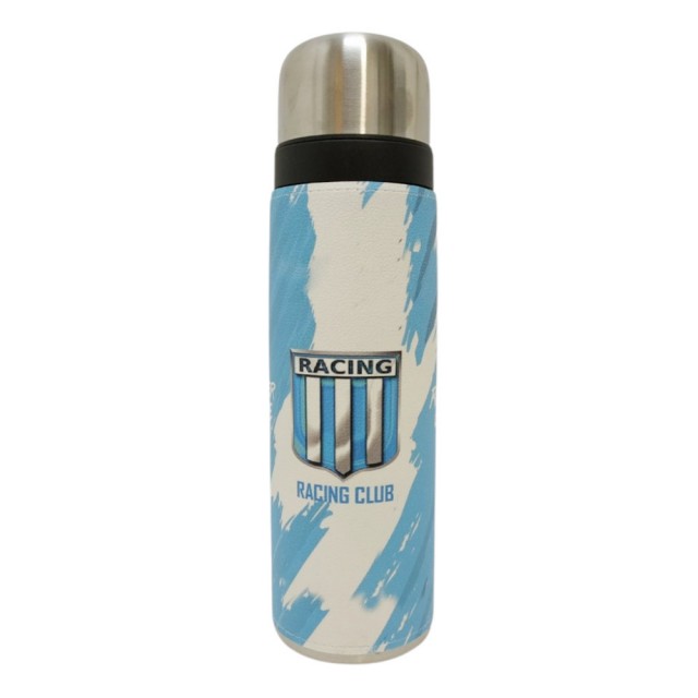 Termo Metalico Inoxidable 1 Litro con Pico Vertedor y Mango Negro Equipo Fútbol Racing Club Argentina