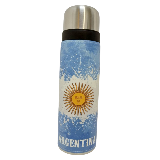 Termo Metalico Inoxidable 1 Litro con Pico Vertedor y Mango Negro Bandera Argentina con Sol