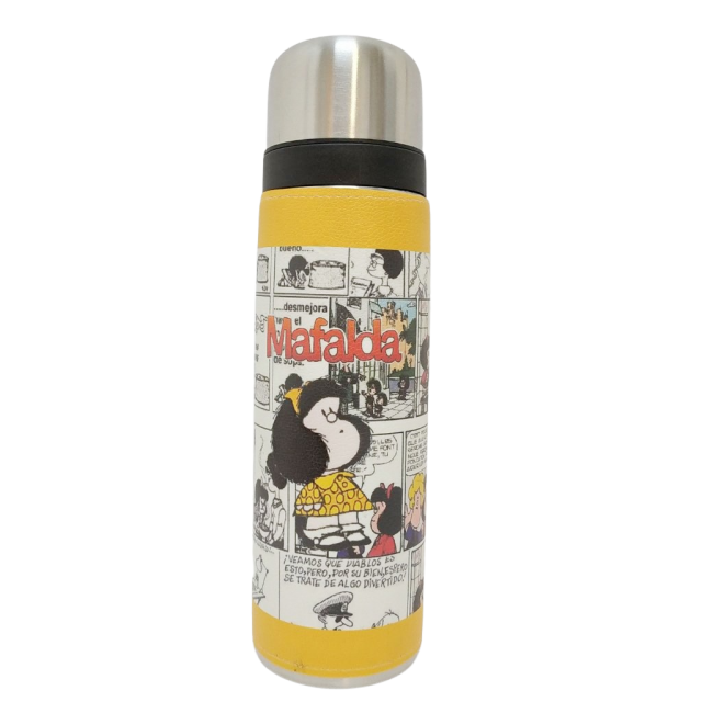 Termo Metalico Inoxidable 1 Litro con Pico Vertedor y Mango Negro Caricatura de Mafalda Amarillo Argentina