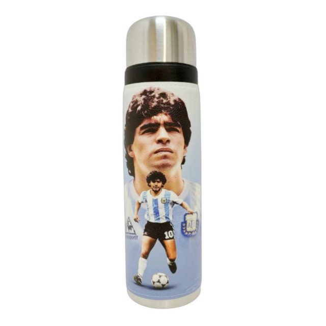 Termo Metalico Inoxidable 1 Litro con Pico Vertedor y Mango Negro Equipo Maradona El Diez Pelota Selección Argentina