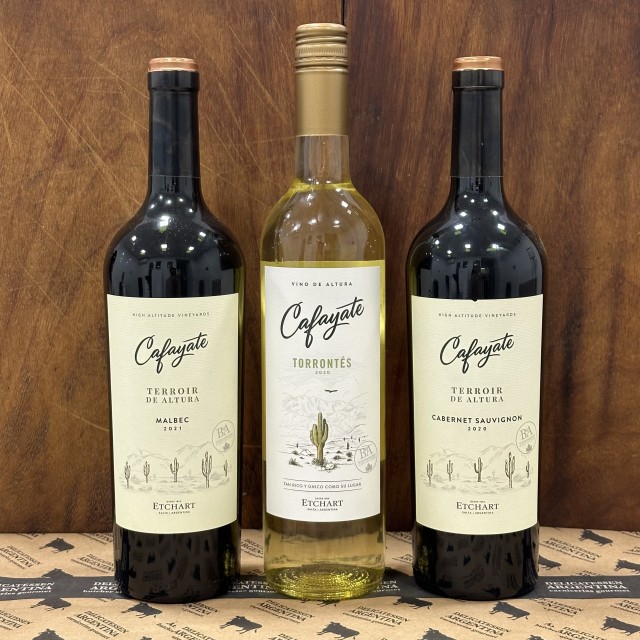 Trilogía Vinos Bodega Etchart: Cafayate Terroir (Malbec y Cabernet Sauvignon) + Cafayate Torrontés
